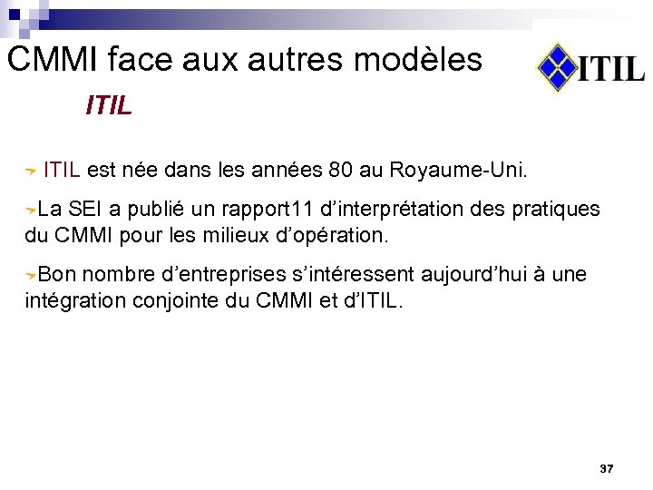 CMMI face aux autres modèles ITIL est née dans les années 80 au Royaume-Uni.