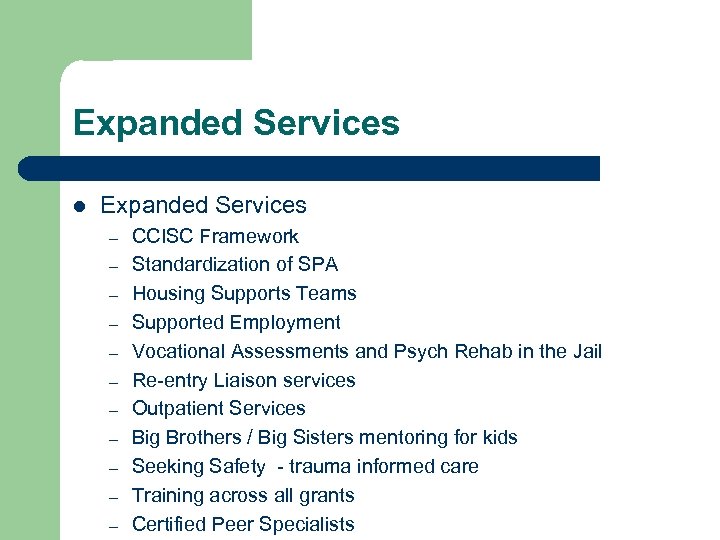 Expanded Services l Expanded Services – – – CCISC Framework Standardization of SPA Housing