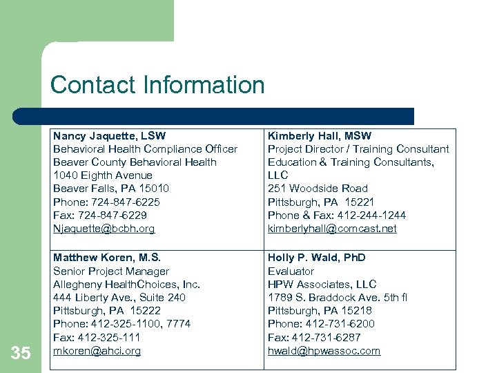 Contact Information 35 Nancy Jaquette, LSW Behavioral Health Compliance Officer Beaver County Behavioral Health