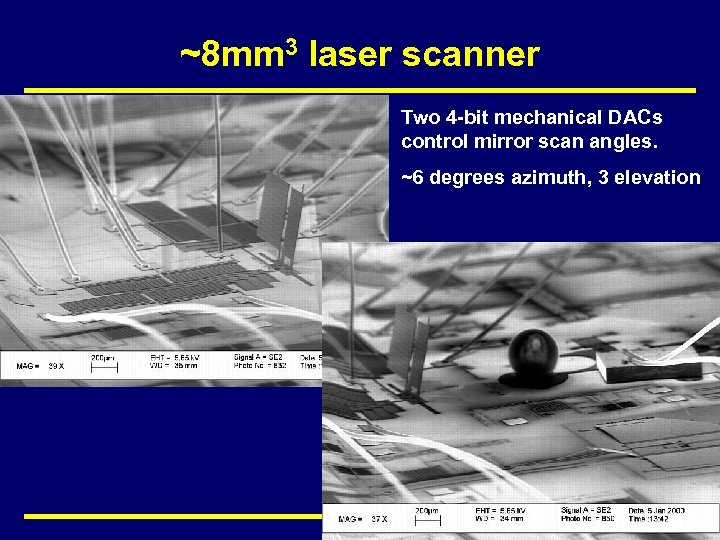 ~8 mm 3 laser scanner Two 4 -bit mechanical DACs control mirror scan angles.