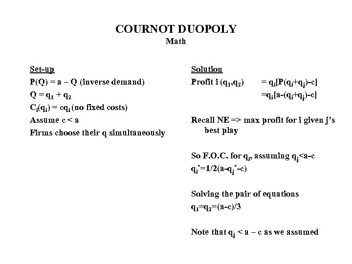 COURNOT DUOPOLY Math Set-up P(Q) = a – Q (inverse demand) Q = q