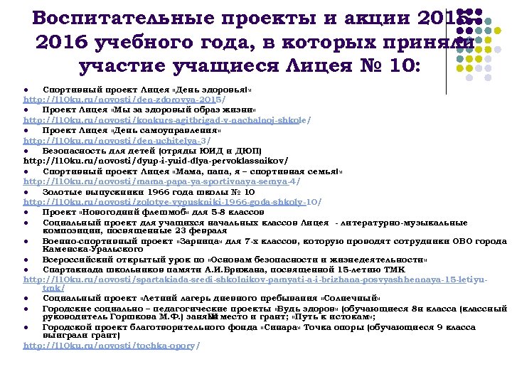 Воспитательные проекты и акции 20152016 учебного года, в которых приняли участие учащиеся Лицея №