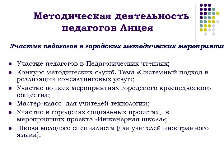 Методическая деятельность педагогов Лицея Участие педагогов в городских методических мероприятия l l l Участие