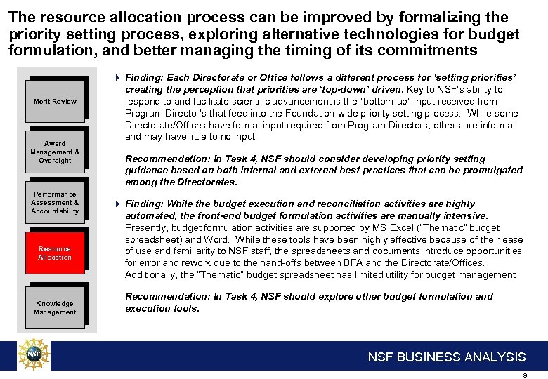 The resource allocation process can be improved by formalizing the priority setting process, exploring