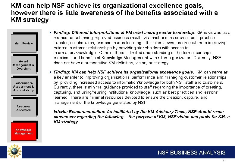 KM can help NSF achieve its organizational excellence goals, however there is little awareness