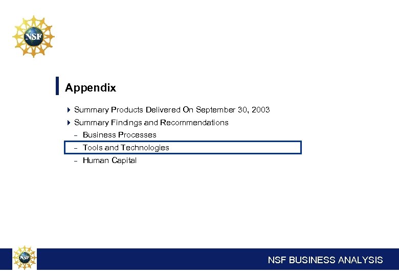 Appendix 4 Summary Products Delivered On September 30, 2003 4 Summary Findings and Recommendations