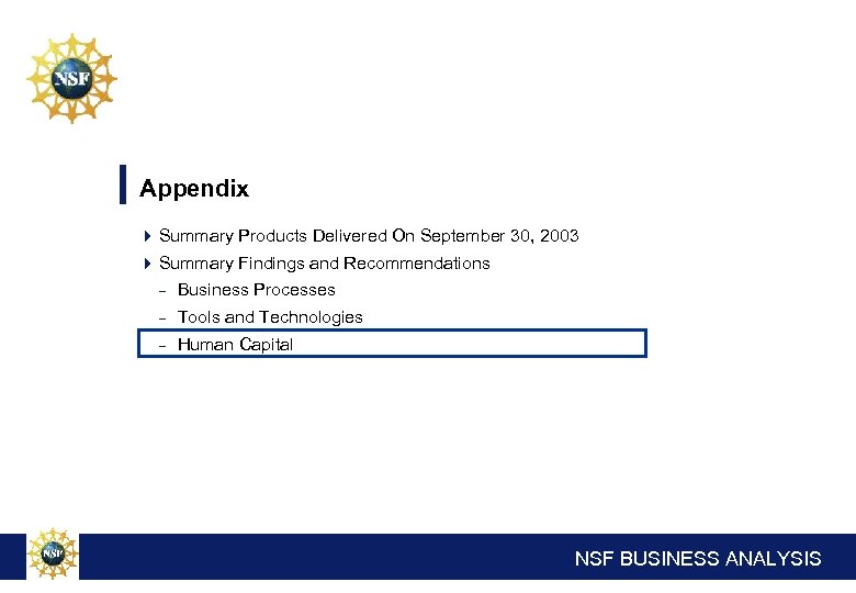 Appendix 4 Summary Products Delivered On September 30, 2003 4 Summary Findings and Recommendations