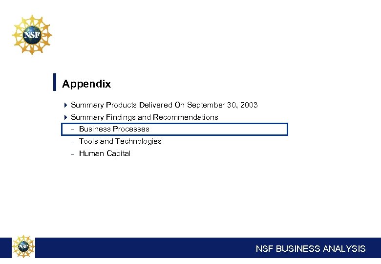 Appendix 4 Summary Products Delivered On September 30, 2003 4 Summary Findings and Recommendations