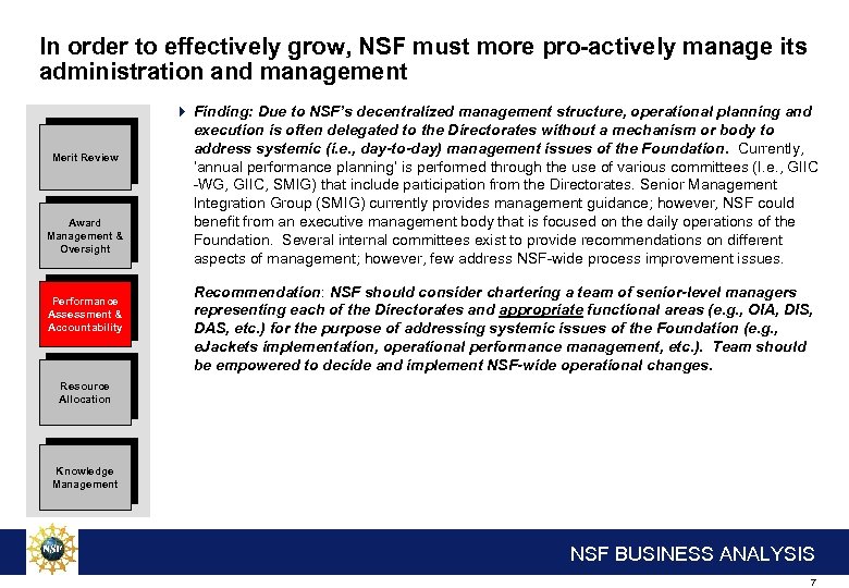 In order to effectively grow, NSF must more pro-actively manage its administration and management