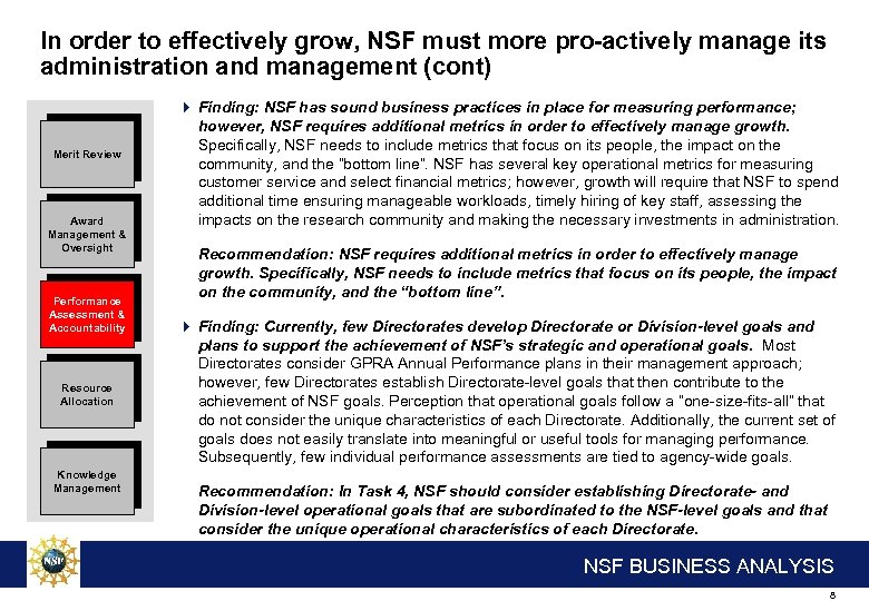 In order to effectively grow, NSF must more pro-actively manage its administration and management