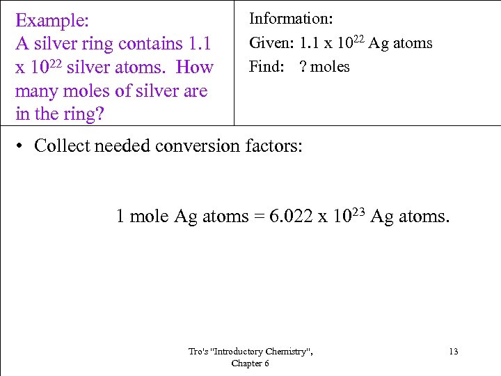Example: A silver ring contains 1. 1 x 1022 silver atoms. How many moles