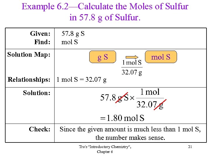 Example 6. 2—Calculate the Moles of Sulfur in 57. 8 g of Sulfur. Given: