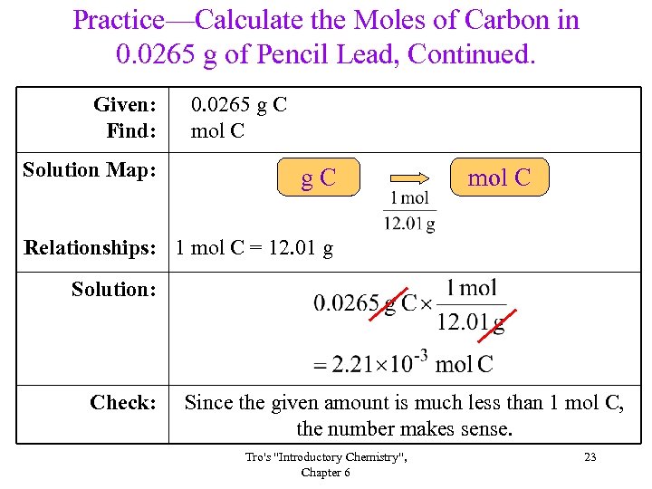 Practice—Calculate the Moles of Carbon in 0. 0265 g of Pencil Lead, Continued. Given: