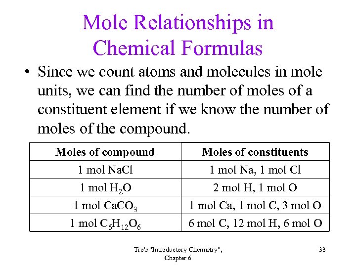 Mole Relationships in Chemical Formulas • Since we count atoms and molecules in mole
