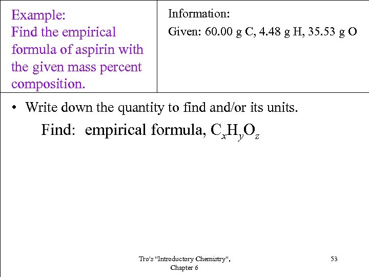 Example: Find the empirical formula of aspirin with the given mass percent composition. Information: