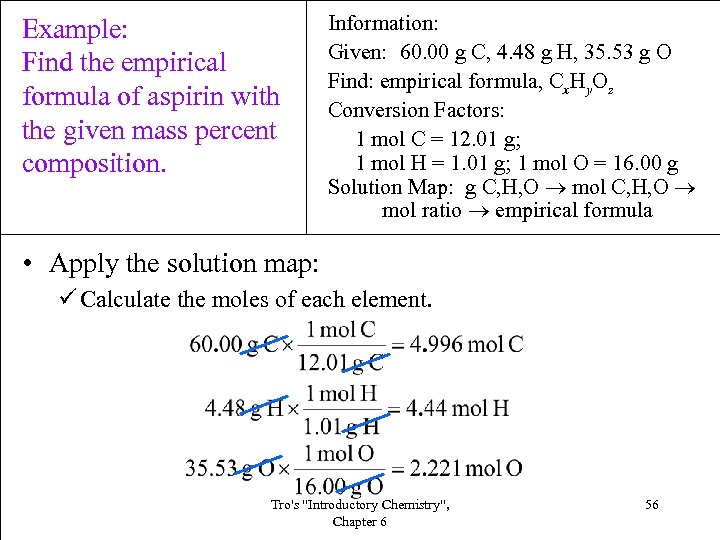 Example: Find the empirical formula of aspirin with the given mass percent composition. Information: