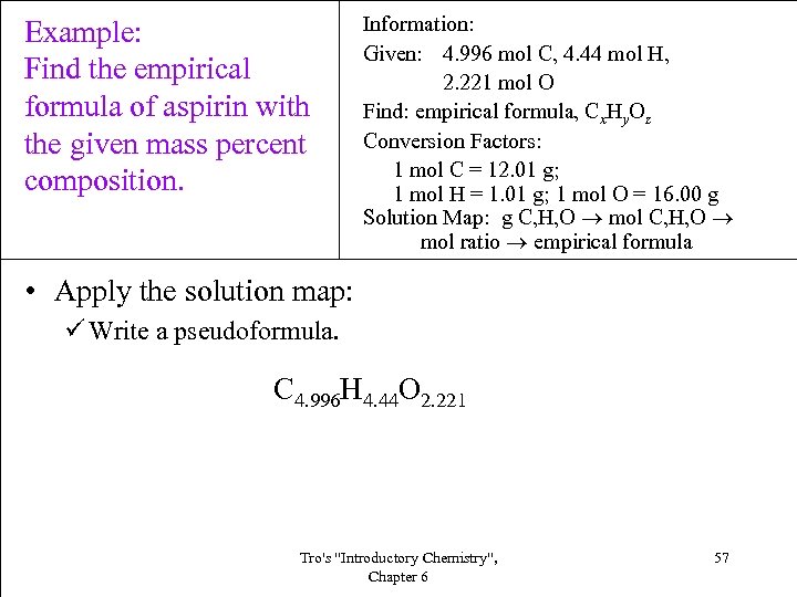 Example: Find the empirical formula of aspirin with the given mass percent composition. Information: