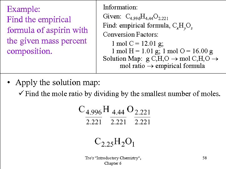Example: Find the empirical formula of aspirin with the given mass percent composition. Information: