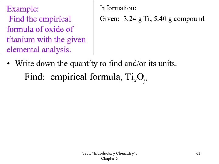 Example: Find the empirical formula of oxide of titanium with the given elemental analysis.