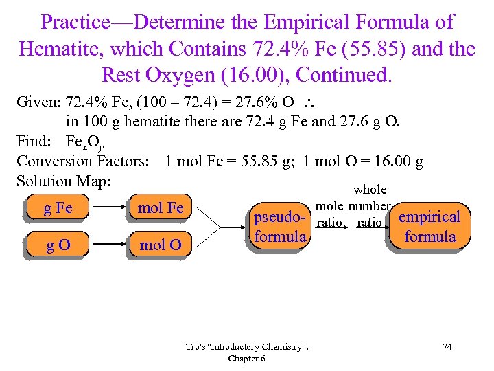 Practice—Determine the Empirical Formula of Hematite, which Contains 72. 4% Fe (55. 85) and