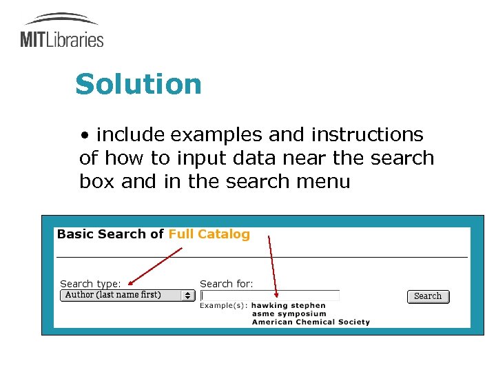 Solution • include examples and instructions of how to input data near the search