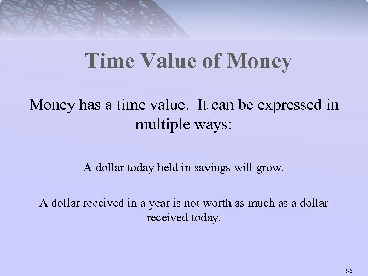 Time Value of Money has a time value. It can be expressed in multiple