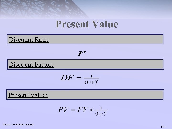 Present Value Discount Rate: Discount Factor: Present Value: Recall: t = number of years