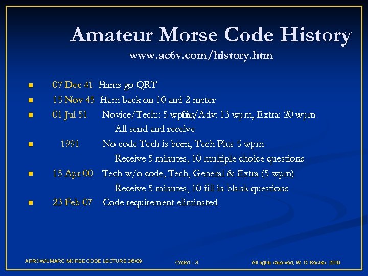 Amateur Morse Code History www. ac 6 v. com/history. htm n n n 07