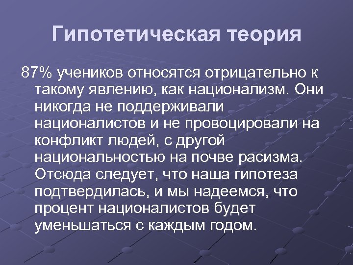 Гипотетическая теория 87% учеников относятся отрицательно к такому явлению, как национализм. Они никогда не