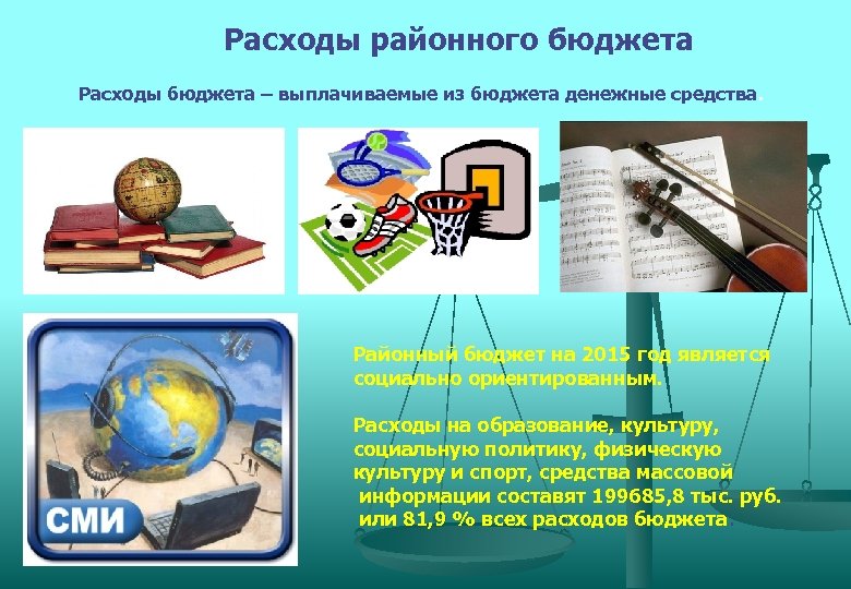 Расходы районного бюджета Расходы бюджета – выплачиваемые из бюджета денежные средства. Районный бюджет на
