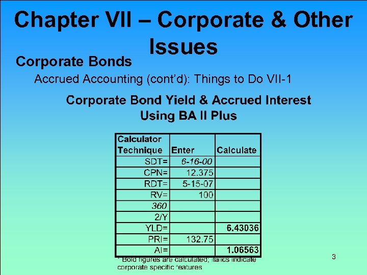Chapter VII – Corporate & Other Issues Corporate Bonds Accrued Accounting (cont’d): Things to