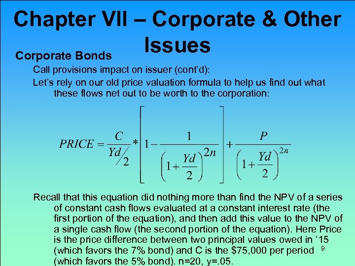 Chapter VII – Corporate & Other Issues Corporate Bonds Call provisions impact on issuer