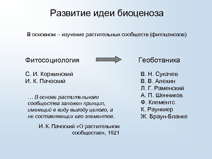 Развитие идеи биоценоза В основном – изучение растительных сообществ (фитоценозов) Фитосоциология С. И. Коржинский