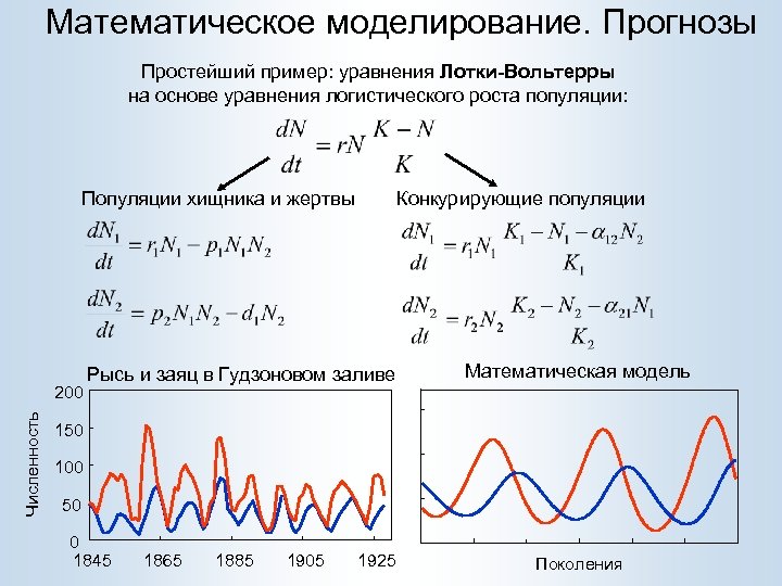 Математическое моделирование. Прогнозы Простейший пример: уравнения Лотки-Вольтерры на основе уравнения логистического роста популяции: Популяции