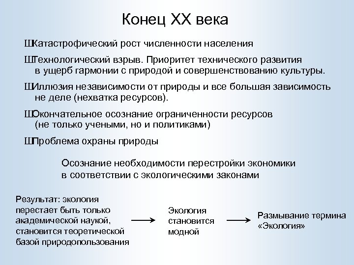 Конец XX века Ш Катастрофический рост численности населения Ш Технологический взрыв. Приоритет технического развития