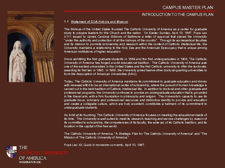 CAMPUS MASTER PLAN INTRODUCTION TO THE CAMPUS PLAN 1. 1 Statement of CUA History