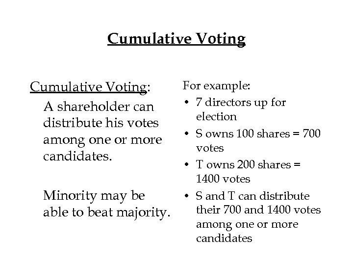 Cumulative Voting: A shareholder can distribute his votes among one or more candidates. Minority