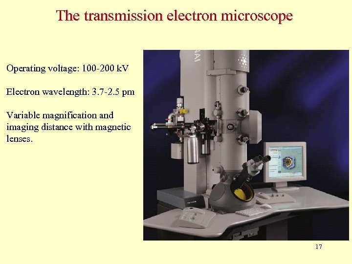 The transmission electron microscope Operating voltage: 100 -200 k. V Electron wavelength: 3. 7