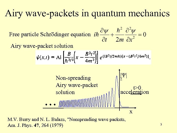 Airy wave-packets in quantum mechanics Free particle Schrödinger equation Airy wave-packet solution Non-spreading Airy