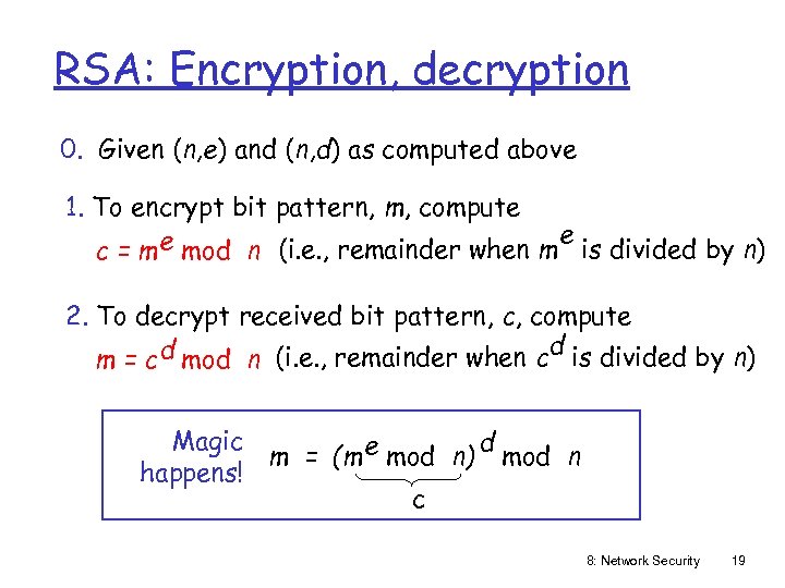 RSA: Encryption, decryption 0. Given (n, e) and (n, d) as computed above 1.