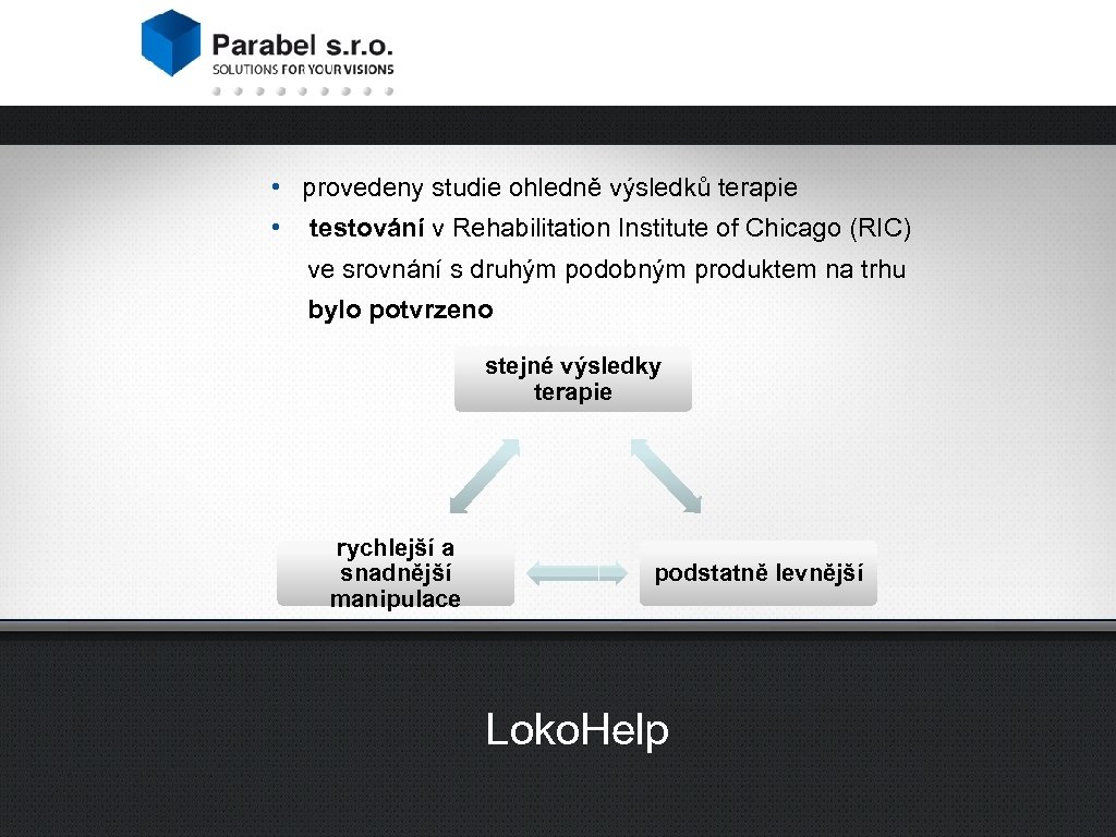  • provedeny studie ohledně výsledků terapie • testování v Rehabilitation Institute of Chicago