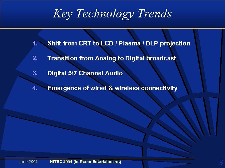 Key Technology Trends 1. Shift from CRT to LCD / Plasma / DLP projection