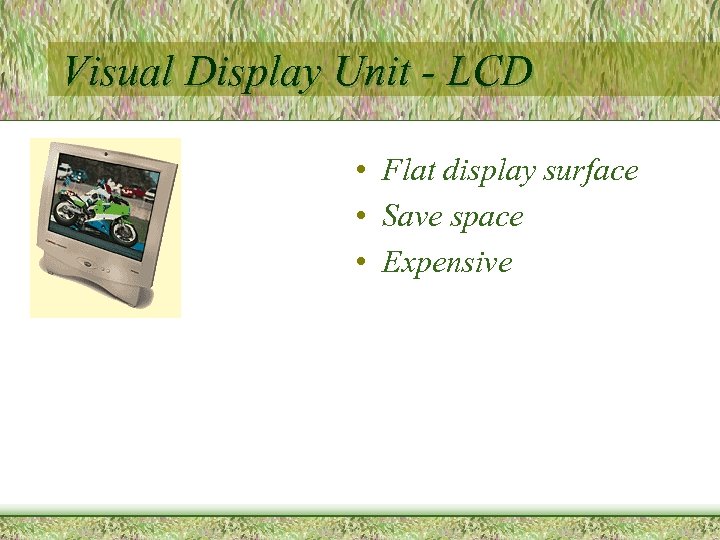 Visual Display Unit - LCD • Flat display surface • Save space • Expensive