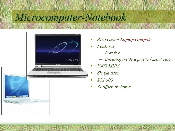 Microcomputer-Notebook • Also called Laptop compute • Features: – Portable – Encasing inside a