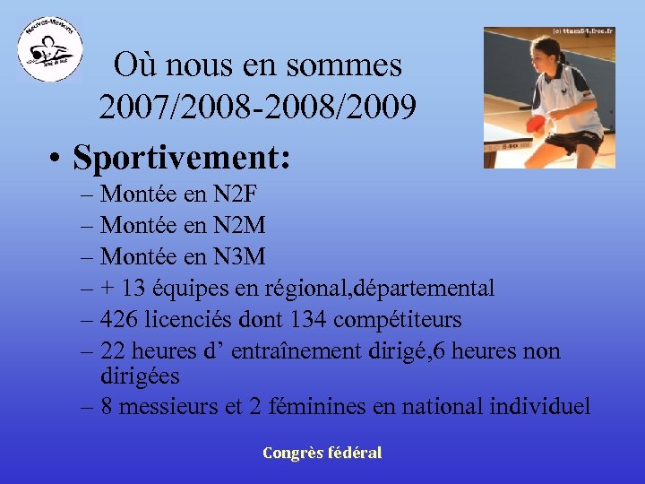 Où nous en sommes 2007/2008 -2008/2009 • Sportivement: – Montée en N 2 F