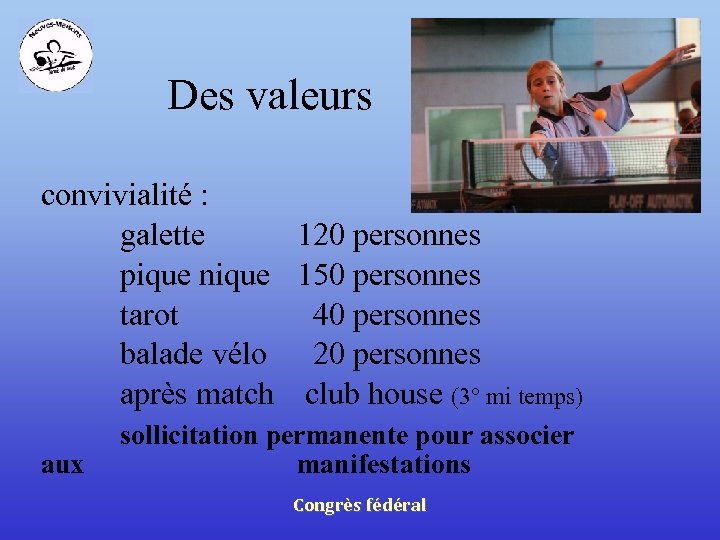 Des valeurs convivialité : galette 120 personnes pique nique 150 personnes tarot 40 personnes