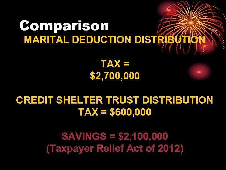 Comparison MARITAL DEDUCTION DISTRIBUTION TAX = $2, 700, 000 CREDIT SHELTER TRUST DISTRIBUTION TAX