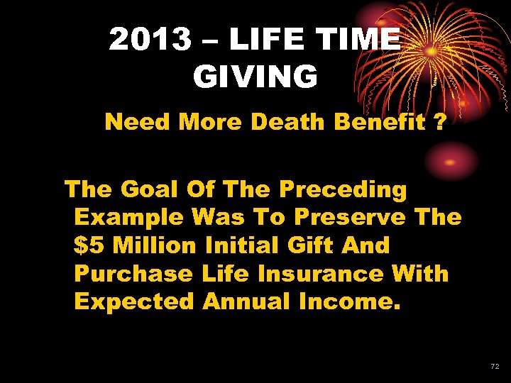 2013 – LIFE TIME GIVING Need More Death Benefit ? The Goal Of The