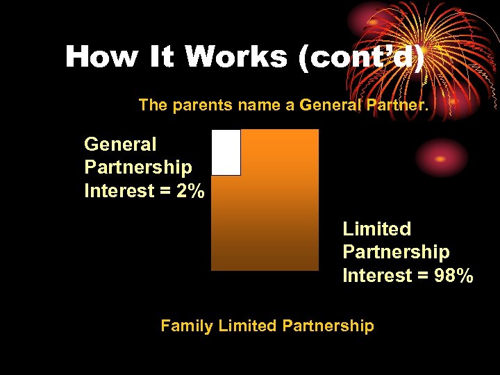 How It Works (cont’d) The parents name a General Partnership Interest = 2% Limited