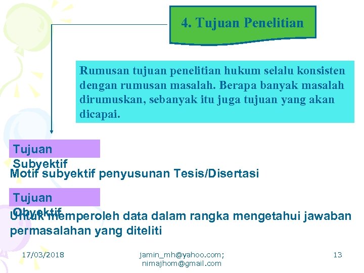 4. Tujuan Penelitian Rumusan tujuan penelitian hukum selalu konsisten dengan rumusan masalah. Berapa banyak